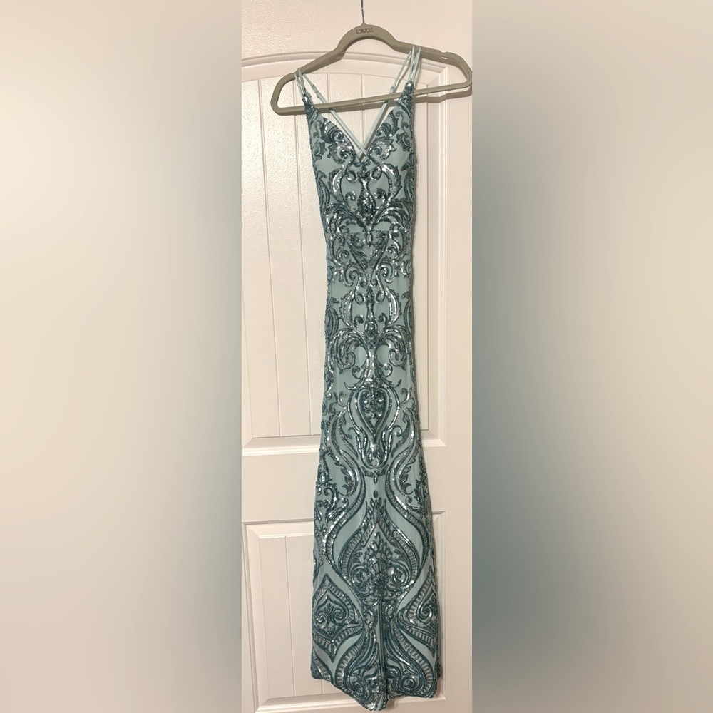 Windsor prom dress, light teal/blue, size small, worn one time.